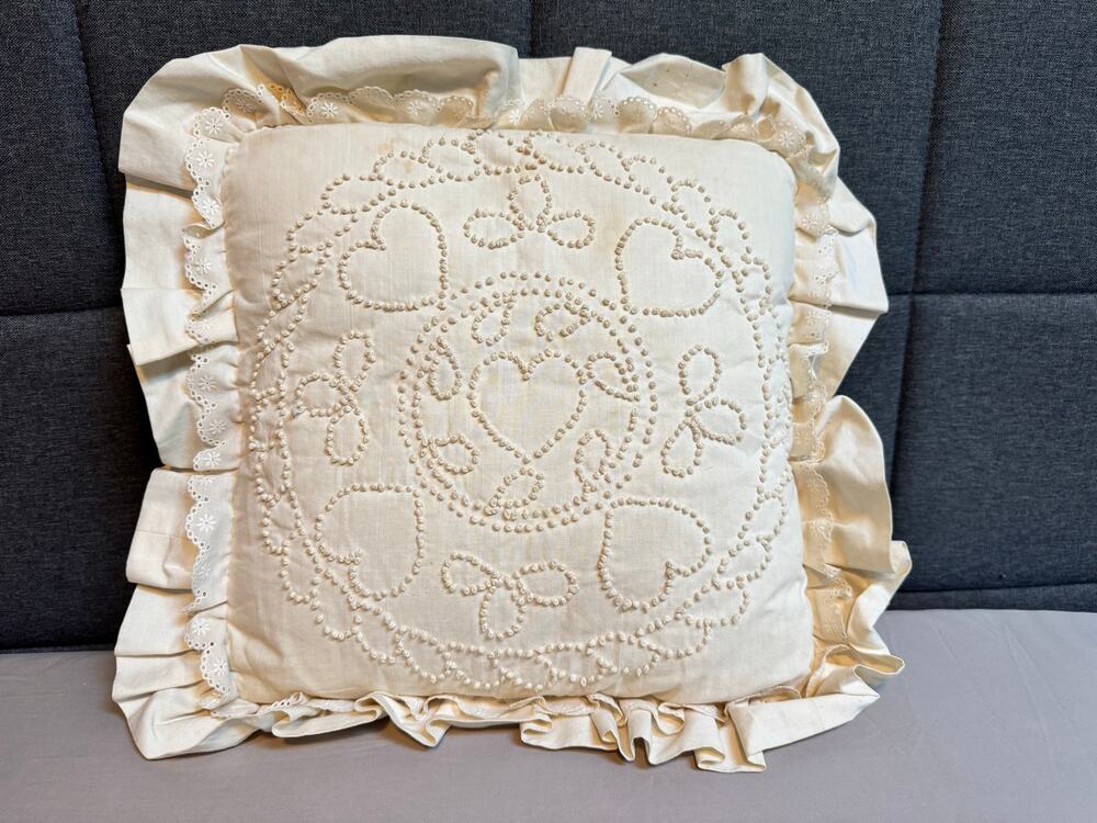Handmade Needlepoint Throw Pillow Candlewick-Style Tufted Heart Ruffle Lace Trim